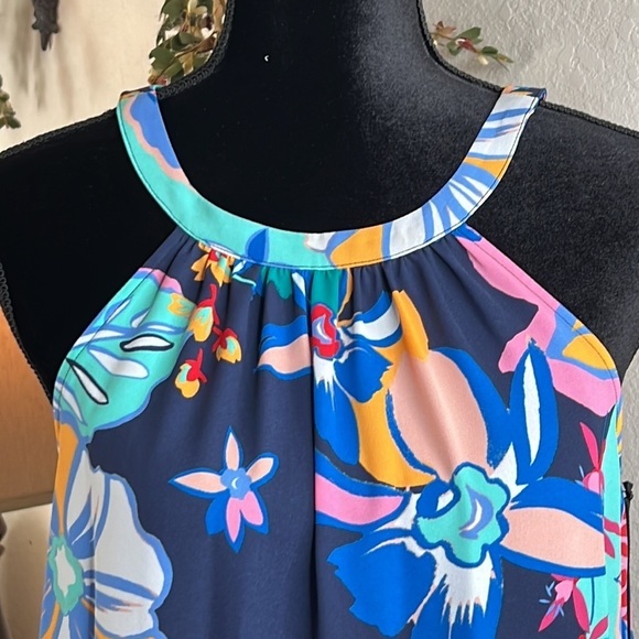 NWT Halogen | Navy Blue Pop Floral Print Tie Neck Flowy Blouse | Size Medium - Picture 2 of 11